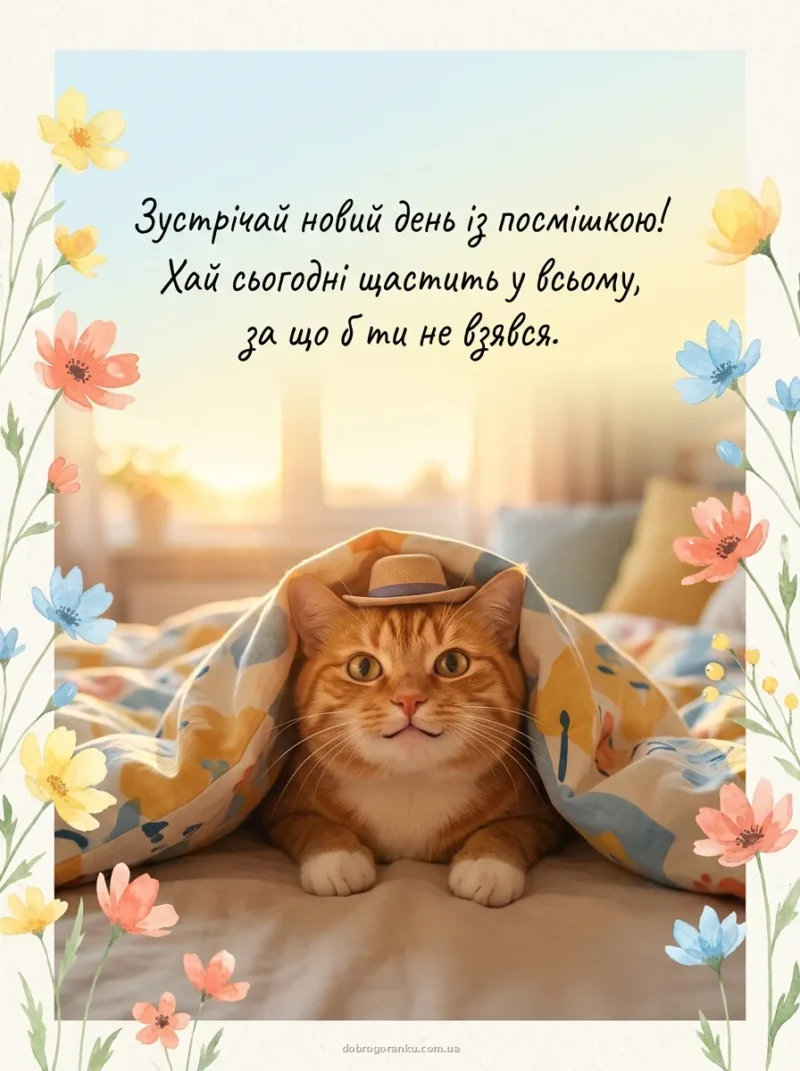 Смішний кіт у капелюсі — Привітання та побажання гарного дня