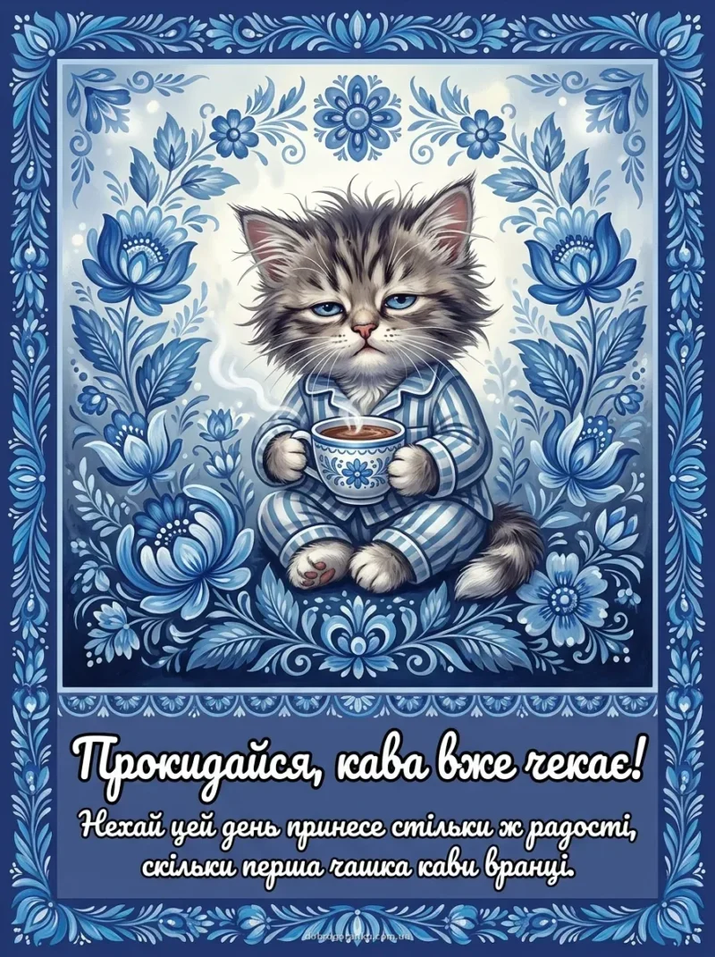 Смішний кіт з кавою — Побажання гарного дня та посмішки