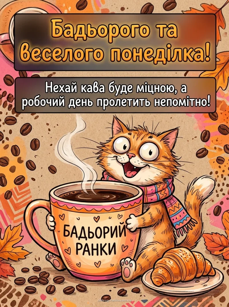 Смішний намальований кіт із великою чашкою — Бадьорого ранку!