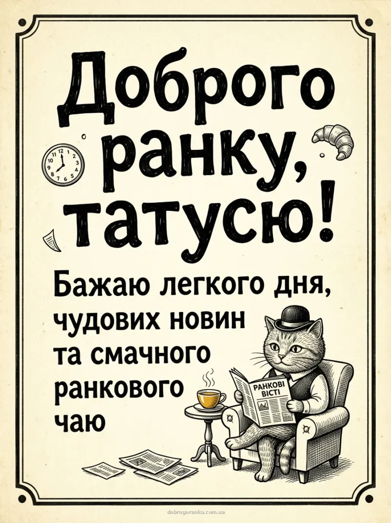 Сонний кіт біля газети — веселе привітання татові