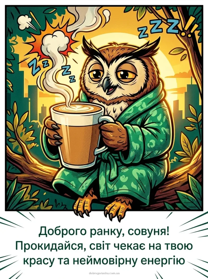 Сова з чашкою кави — прикольні приколи доброго ранку