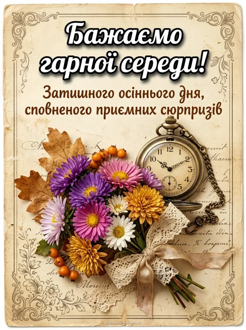 Вінтажна поштівка з осінніми квітами — З доброю середою!