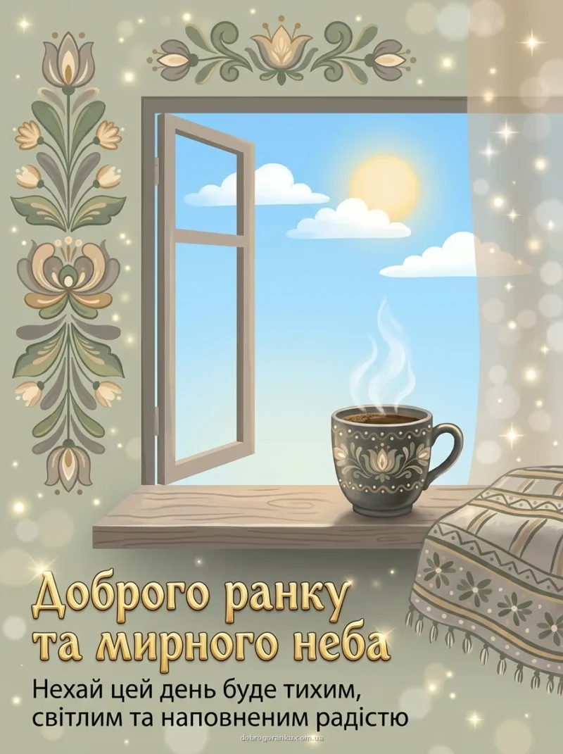 Затишна чашка кави на вікні — Доброго ранку та мирного неба