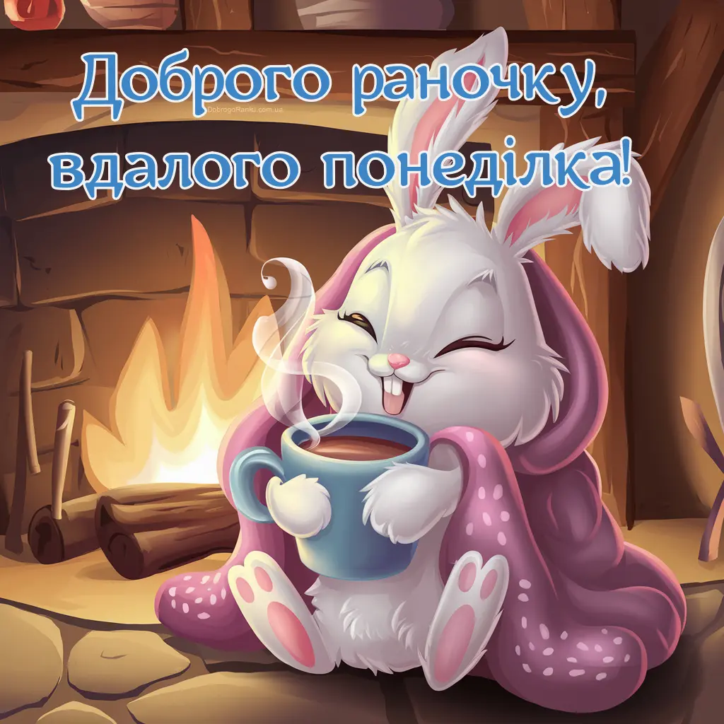 Затишна картинка з побажанням доброго ранку понеділка. Зайчик, чай, камін.