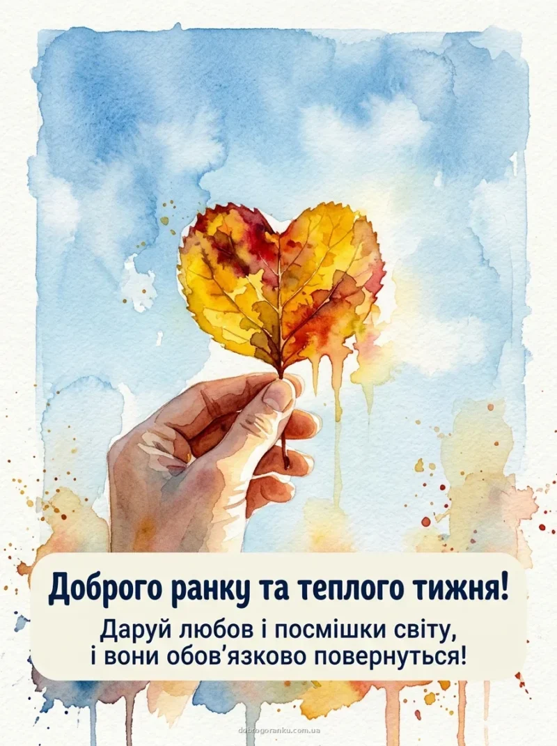 Жовтий листочок у формі серця в руках — Гарного дня!
