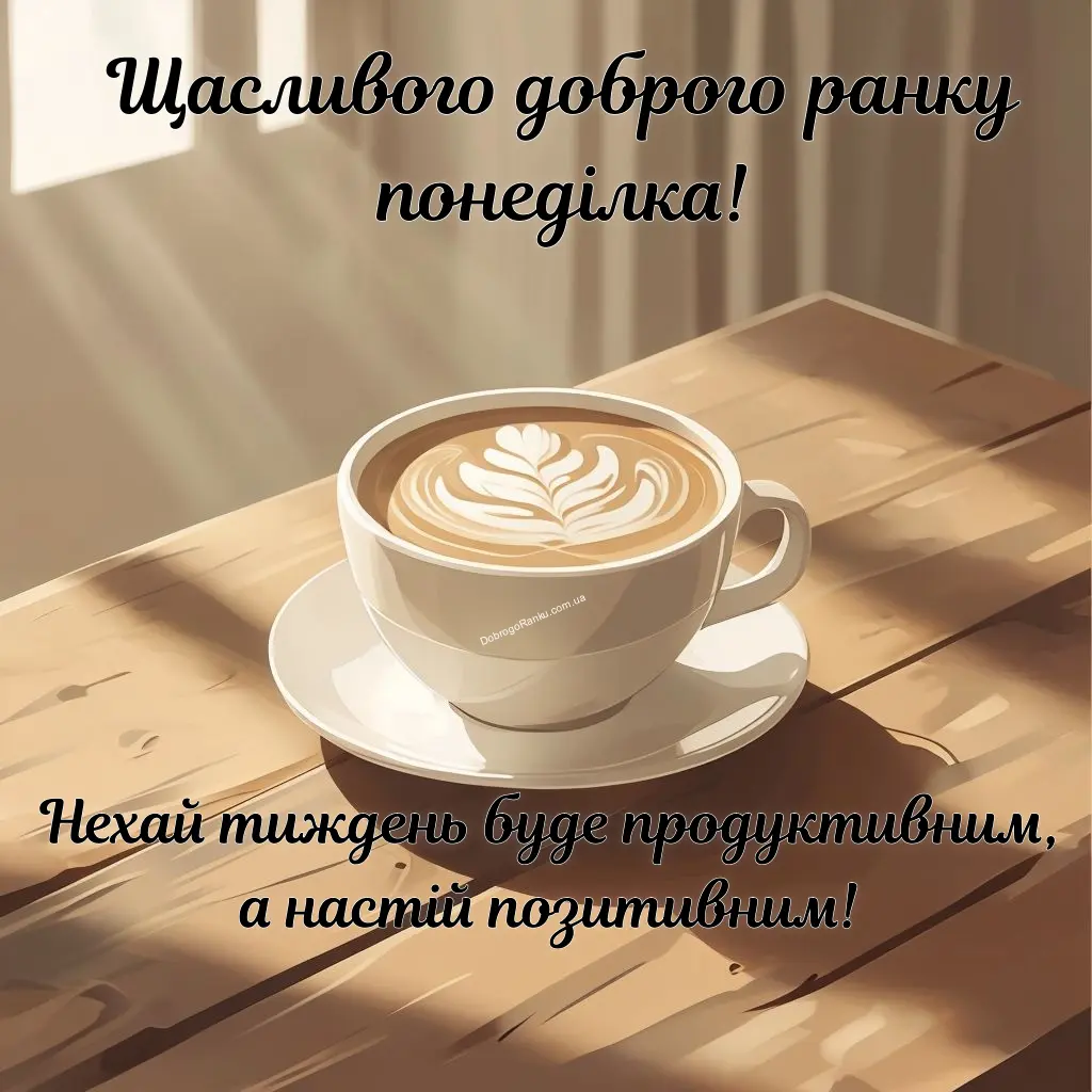 Зображення з побажанням доброго ранку понеділка. Чашка, капучіно, сонце.