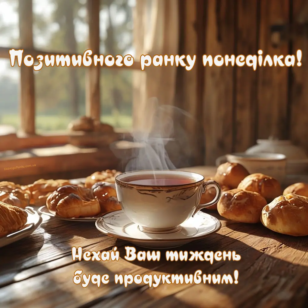 Зображення з побажанням позитивного і продуктивного тижня. Чай, круасани.