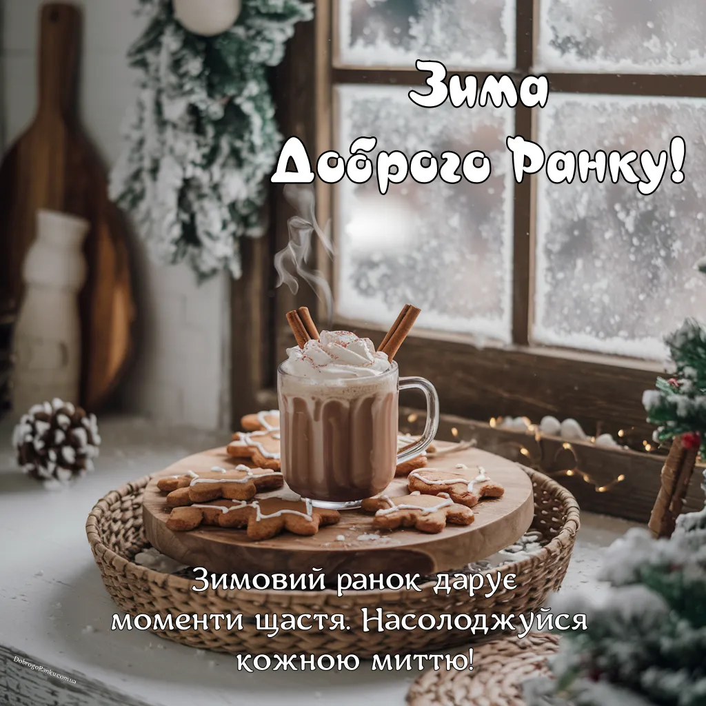 Зима, доброго ранку - листівка з капучіно та печивом