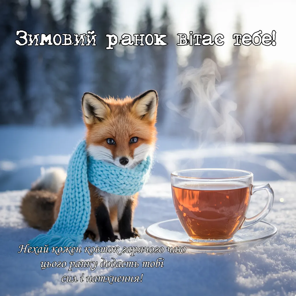 Зимовий ранок вітає тебе! Картинка вітання, кружка чаю, лисичка на снігу